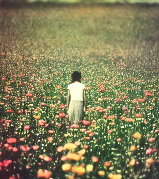 Image similar to mystical death god standing in tall meadow of flowers, distant, vintage film photo, grainy, high detail, high resolution