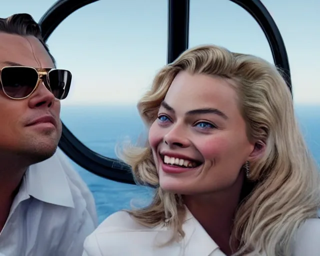 Image similar to leonardo dicaprio as the wolf of wall street next to margot robbie as naomi from the wolf of wall street in a helicopter, hyper realistic faces, beautiful eyes, cinematic, long shot, hyper detailed, 8 5 mm photograph, 8 k resolution, film still, sharp lens, wide lens