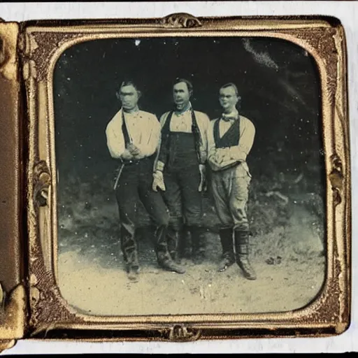 Prompt: tintype old picture of 1 8 0 0 s alien tech hunters