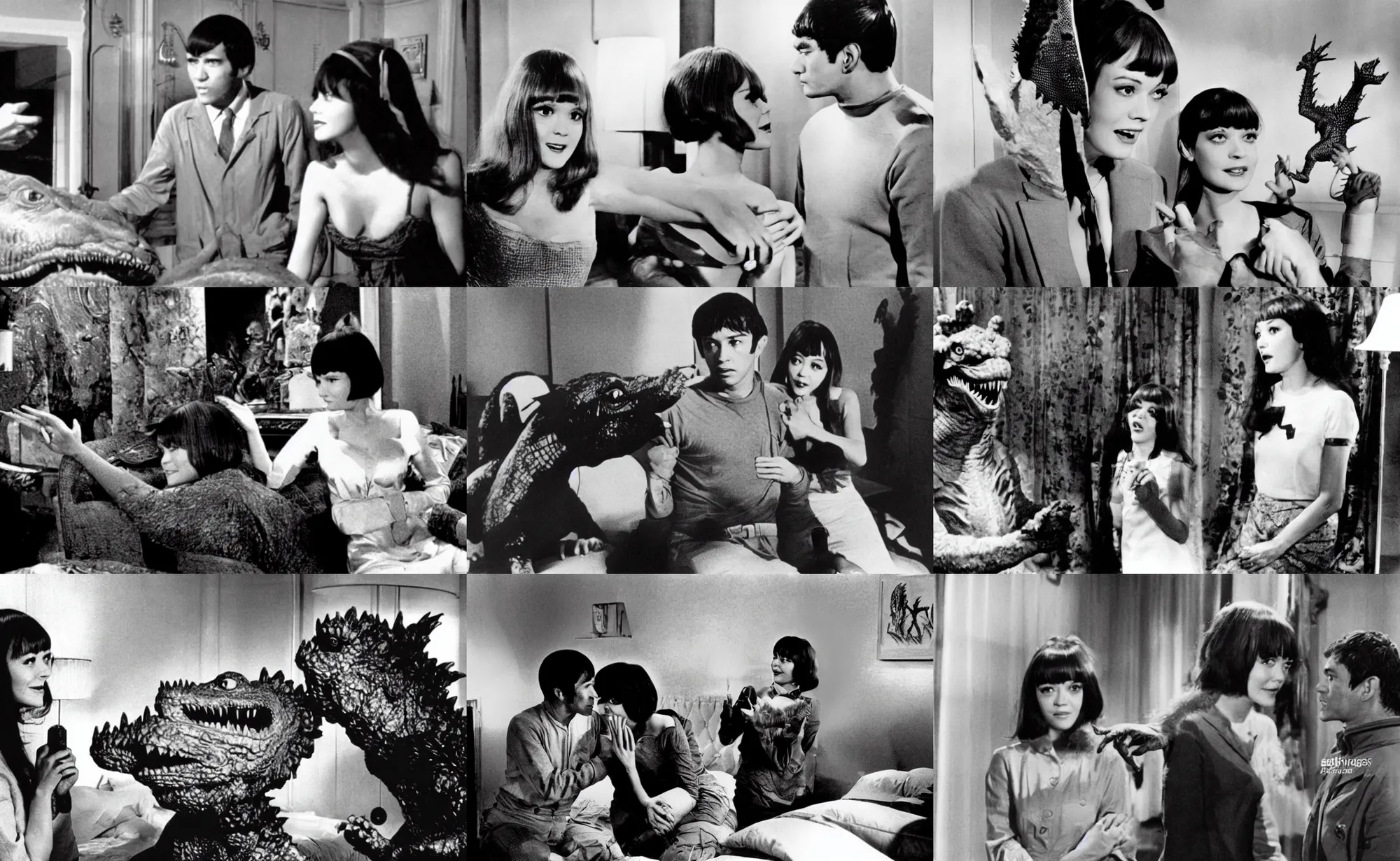 Prompt: godzilla is in a french bedroom with anna karina. gozilla is a very big monster with scales. godzilla talks to anna karina.