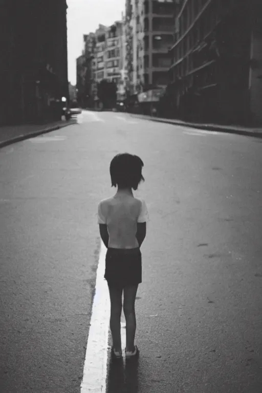 Image similar to polaroid photo of sad and lonely child in the middle of an empty street in a big city, tecnica collodio umido, photorealistic, 35mm film, lens 85mm, f2.8, black and white, polaroid, view camera.