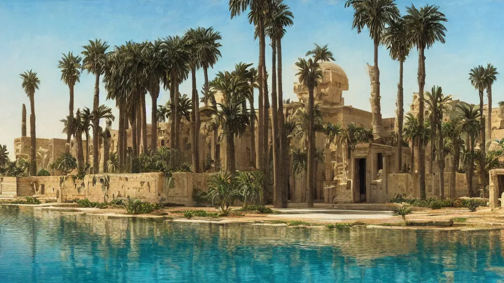 Prompt: an oil painting of the front of a new egyptian!! palace, with a small pool in front, exterior view, close - up, mid - day, palm trees and lush vegetation,!!!!!!!!!! hieroglyphs on the buildings, ray - traced reflections of the buildings and trees in the water