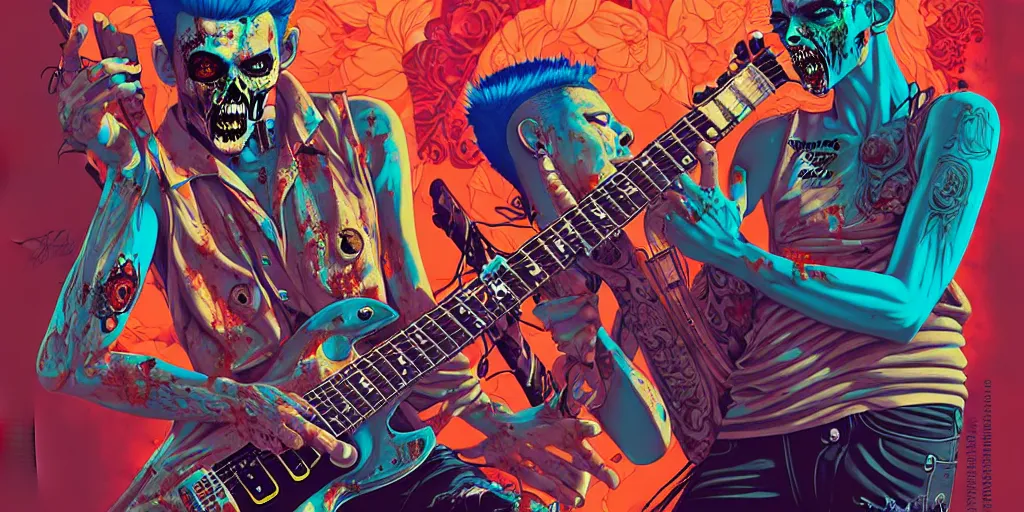 Image similar to a zombie punk rockers with a mohawk playing electric guitar and singing, tristan eaton, victo ngai, artgerm, rhads, ross draws, cinematic by francis tneh