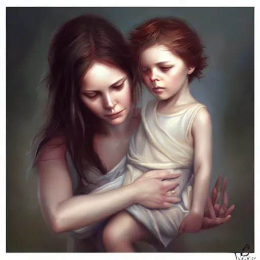 Image similar to love is patient love is kind, mother and child ; photorealistic oil painting by charlie bowater and mark blooms ; highly detailed cute faces by wlop ; trending on artstation