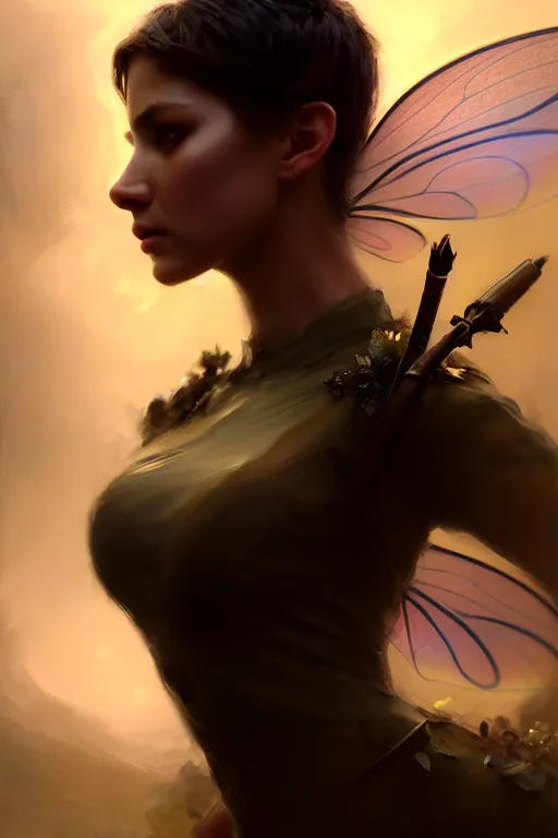 Image similar to cinematic shot of an epic portrait of a fairy dressed in military clothes, shiny skin, beautiful eyes, beautiful, small details, night setting, realistic poster with volumetric light from craig mallism, artgerm, jeremy lipkin and michael garmash, unreal engine, radiant light, detailed and complex environment, digital art, trends at art station, a masterpiece