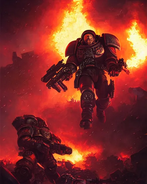 Image similar to space marine surrounded by explosions and burning buildings, sharp focus, hyper detailed, dark fantasy, warhammer 4 0 k, digital painting, by by artgerm and greg rutkowski and magali villeneuve