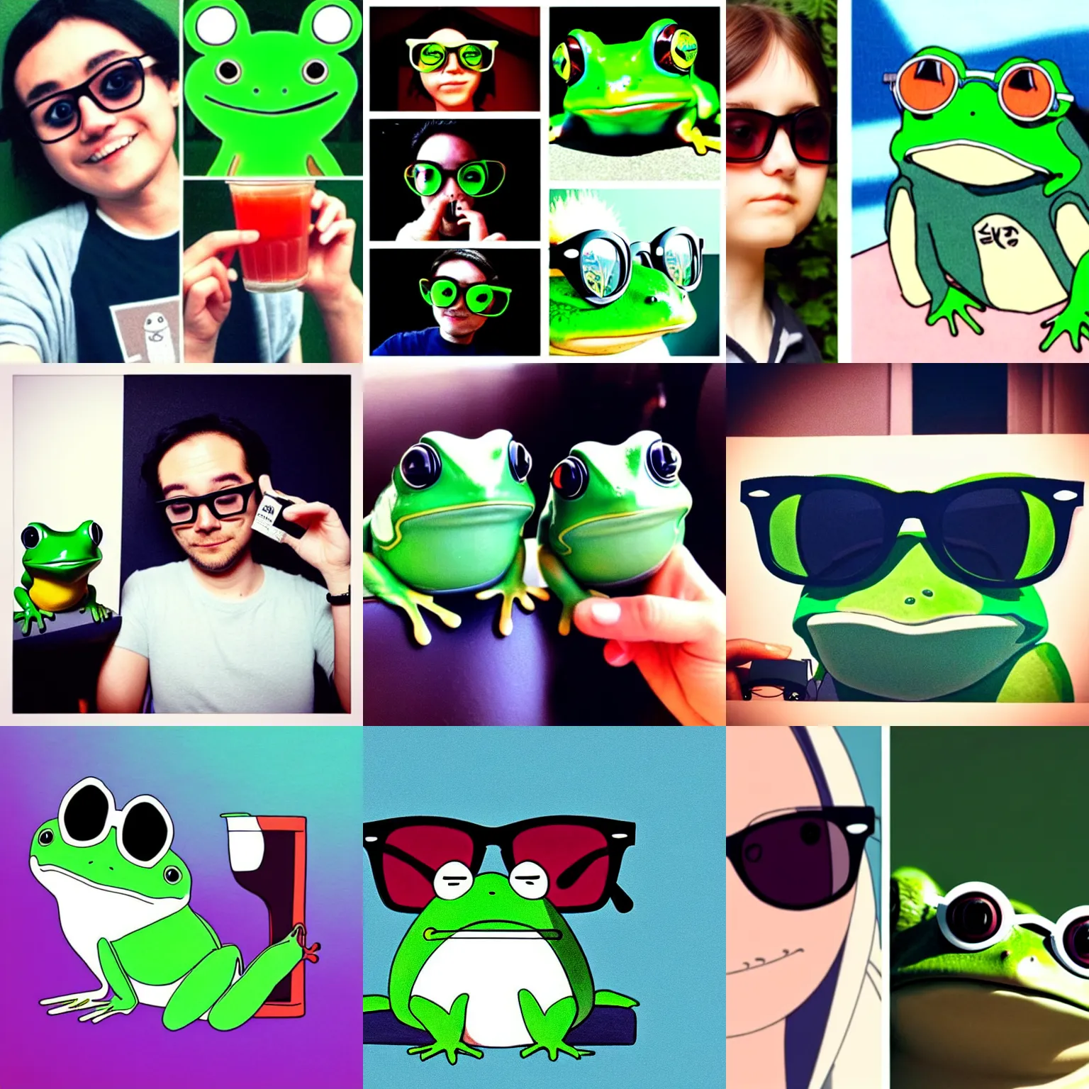 Prompt: studio ghibli frog, glasses, drinking a juice box, wearing ray - ban wayfarer, trending on instagram