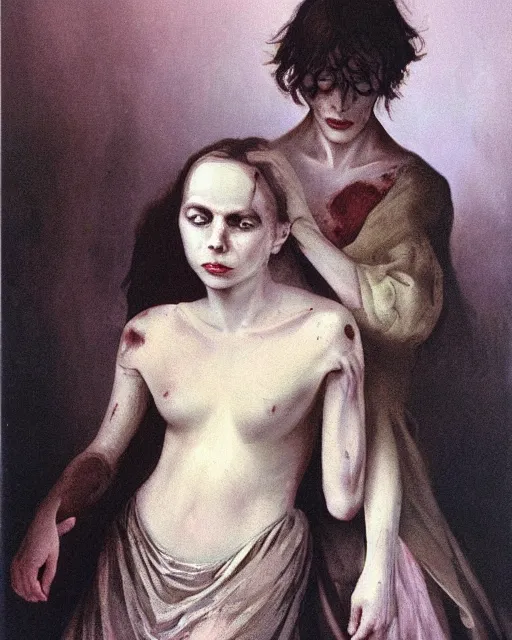 Image similar to a beautiful and eerie baroque painting of a brother and sister who are beautiful but creepy, wearing pale linen, with haunted eyes and dark hair, 1 9 7 0 s, seventies, wallpaper, a little blood, morning light showing injuries, delicate embellishments, painterly, offset printing technique, by brom, robert henri, walter popp