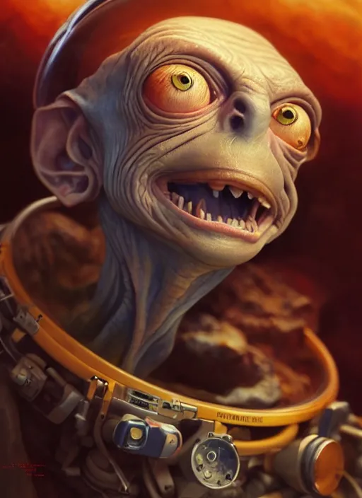 Prompt: portrait of gollum as astronaut, subsurface scattering, by jesper ejsing, justin gerard, tomasz alen kopera, cgsociety and fenghua zhong, highly detailed, rim light, cinematic lighting, illustration, art, octane render, very coherent, cinematic, hyper realism, high detail, octane render, 8 k