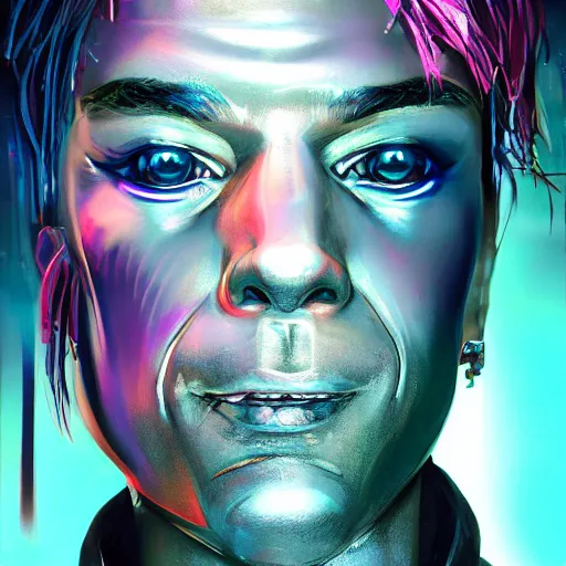 Image similar to cyberpunk, closeup portrait of a cyberpunk entertainer, hologram, blond hair, grey eyes, sadistic smile, delicate jaw, dramatic light, city background, sunset, dystopian setting, high contrast, sharp, neuromancer, peter riviera, painted by stanley lau, painted by greg rutkowski, painted by stanley artgerm, digital art, trending on artstation