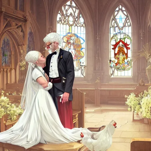 Image similar to wide shot of Colonel Sanders getting married to a chicken in a church, modern setting, intricate, elegant, highly detailed, digital painting, artstation, concept art, matte, sharp focus, illustration, hearthstone, art by Artgerm and Greg Rutkowski and Alphonse Mucha