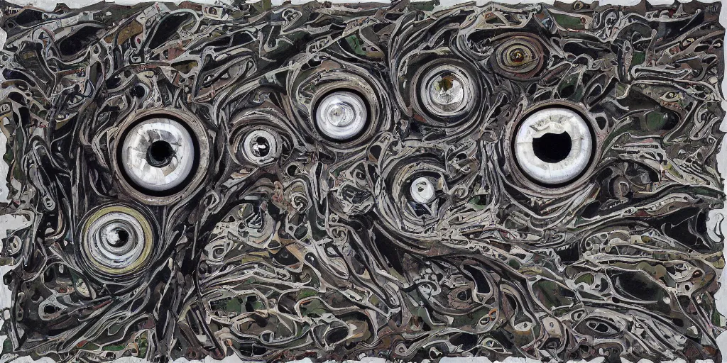 Image similar to camo made of eyes, technical, acrylic, teeth, eerie, tribal, clay, dotting, lines, stipple, points, cybernetic, style of old painting, francis bacon art, swirly eyes, hypnosis, eerie, terror, oil, neon, black and white background, splotches, colorful dots, ominous, terror, teeth, smiles