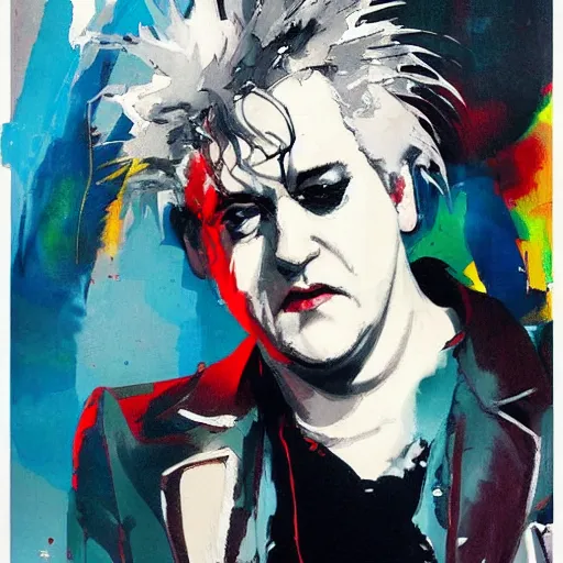 Image similar to Robert Smith as the Netflix DC The Sandman medium portrait by Ashley Wood, Yoji Shinkawa, Jamie Hewlett, 60's French movie poster, French Impressionism, vivid colors, palette knife and brush strokes, paint drips, Dutch tilt, 8k, hd, high resolution print