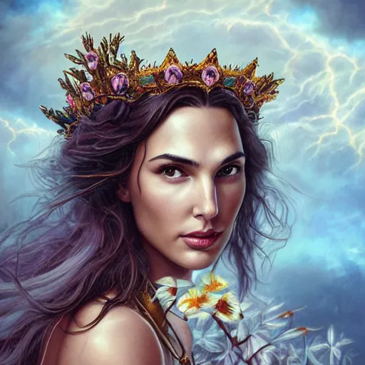 Image similar to fine art photo of the beauty goddess gal gadot, she has a crown of mesmerizing flowers, she is arriving heaven, background full of stormy clouds, by peter mohrbacher, long shot