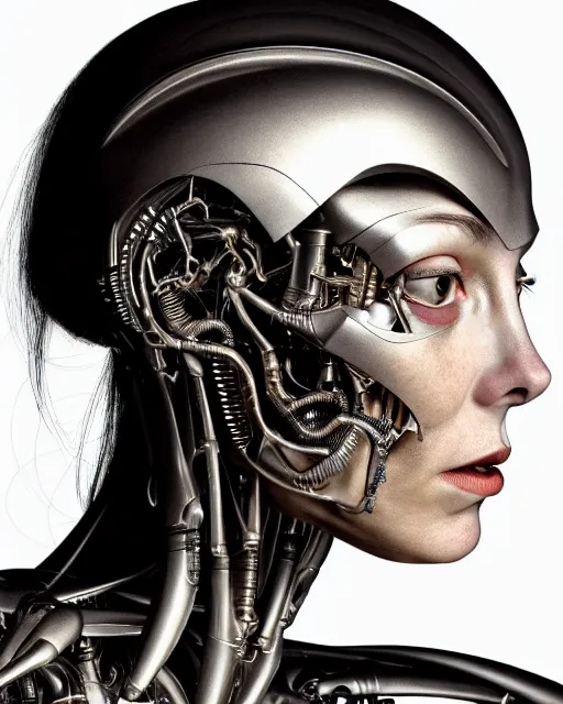 Image similar to a beautiful young female cyborg profile face, by h. r. giger, by kiki smith, glamor shot, nikon d 7 5 0, closeup, f / 2. 8, low contrast, 1 6 k, rim lighting, cinematic lighting, insanely detailed and intricate, hypermaximalist, elegant, ornate, hyper realistic, super detailed