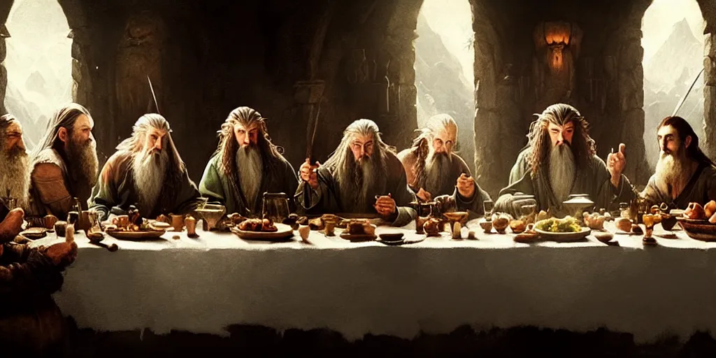 Prompt: the hobbit last supper by greg rutkowski, digital painting, trending on artstation, sharp focus, 4 k