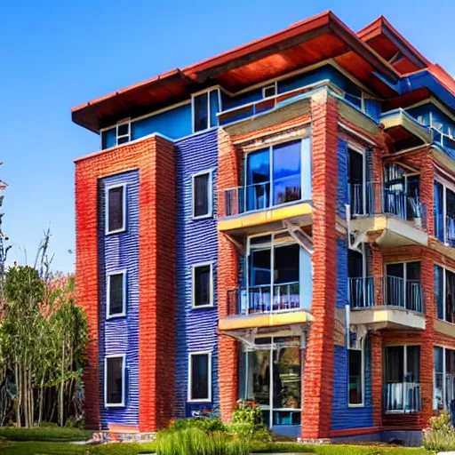 Image similar to tall 4 story house with blue wooden facade with dark red bricks on the roof in a valley