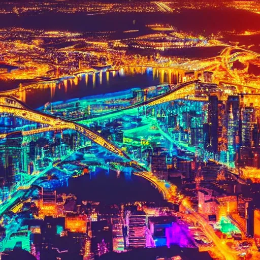 Image similar to an aerial view of a city at night, photo by lisa frank, instagram contest winner, maximalism, glowing lights, vivid colors, circuitry