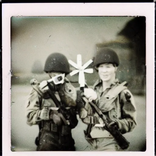 Prompt: soldiers use hearts as weapon. polaroid. old photos. vintage