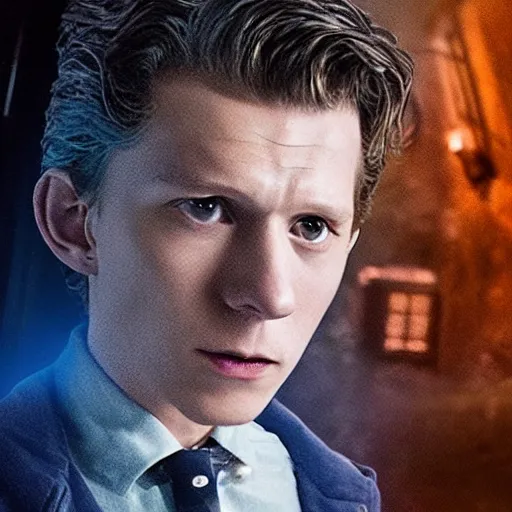 Image similar to tom holland as a rough dirty old man with a scruffy beard in a dark blue trenchcoat as the new doctor who, cinematic, volumetric lighting, f 8 aperture, cinematic eastman 5 3 8 4 film, photorealistic