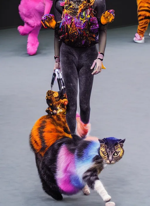 Image similar to hyperrealistic and heavy detailed balenciaga runway show of show of cats by lisa frank, leica sl 2 5 0 mm, vivid color, high quality, high textured, real life