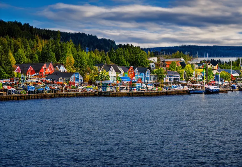 Prompt: scenic shot of little norway waterfront in poulsbo washington, detailed photography, sharp focus