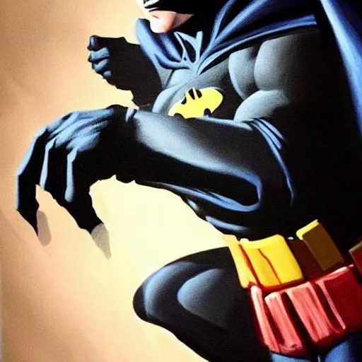 Image similar to An ultra-realistic painting of Batman in the style of Alex Ross. 4K. Ultra-realistic. Highly detailed. Dark Fantasy. Epic lighting.