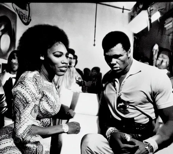 Prompt: muhammed ali and Serena Williams high on Peyote at a club; photograph by Dorothy Lange