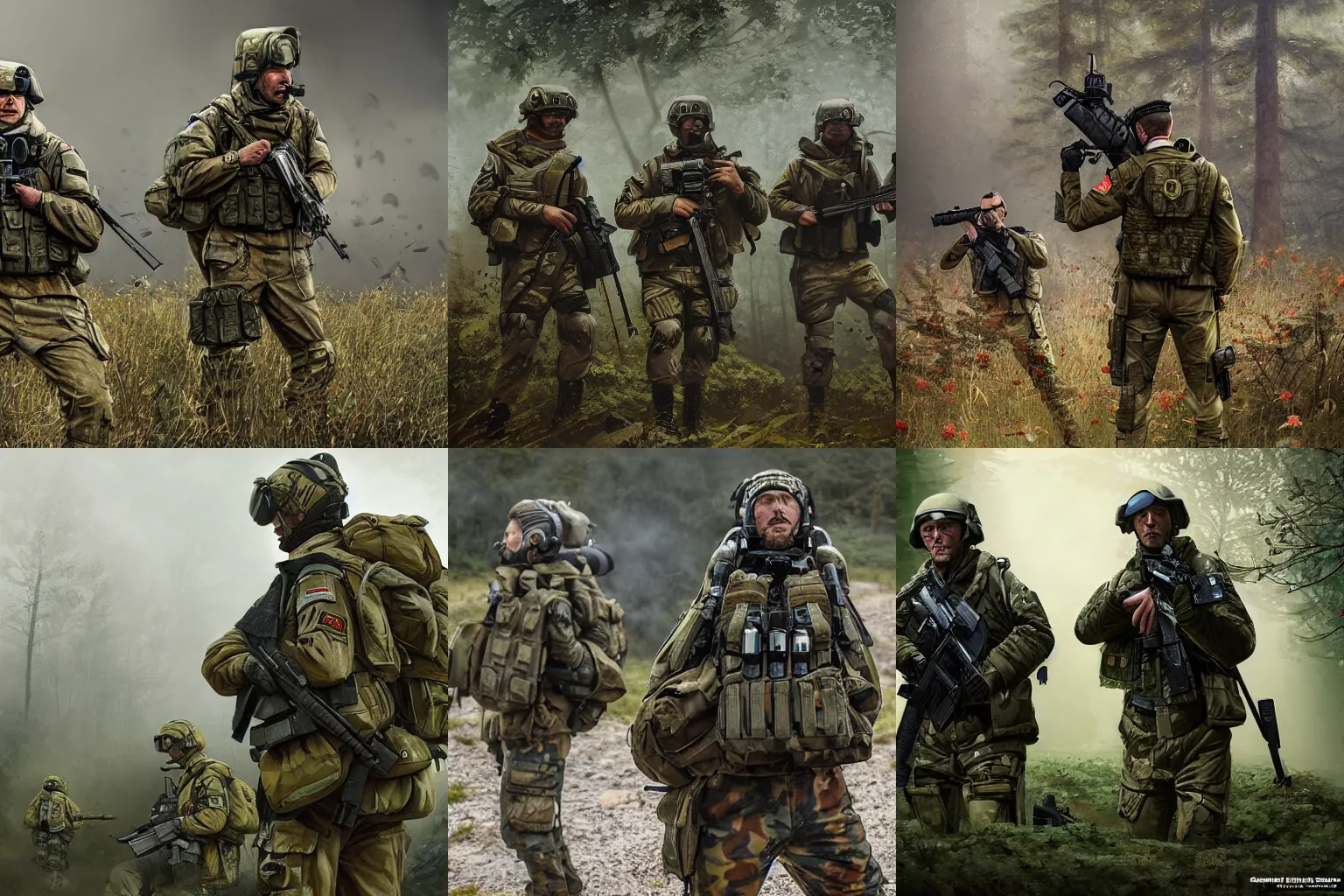 Prompt: Portrait of a modern German Bundeswehr squad in full gear wearing Flecktarn shooting at enemy forces from behind cover, cinematic lighting, front lighting, 4k, award-winning, by Greg Rutkowski, combat, intense,