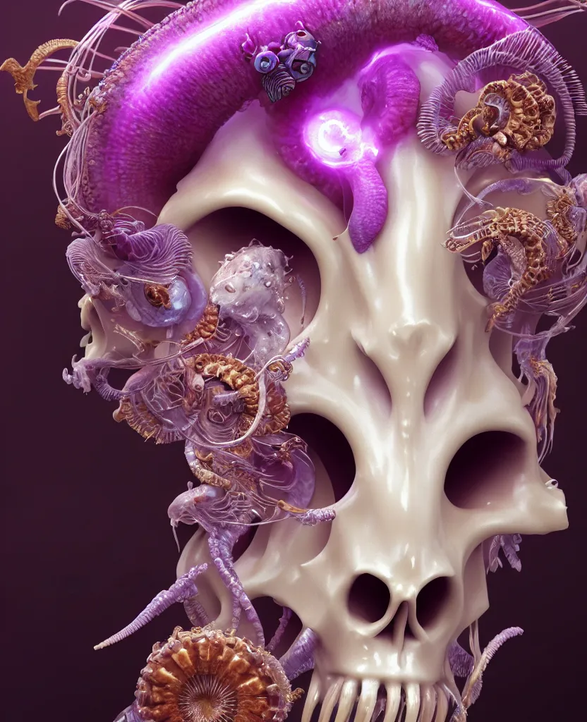 Image similar to goddess princess face close-up portrait ram skull. jellyfish phoenix head, nautilus, orchid, skull, betta fish, bioluminiscent creatures, intricate artwork by Tooth Wu and wlop and beeple. octane render, trending on artstation, greg rutkowski very coherent symmetrical artwork. cinematic, hyper realism, high detail, octane render, 8k