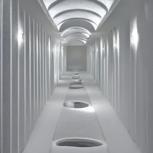 Image similar to an underground pool that leads into a curved hallway, all white ceramic tiles, dark lighting, surreal, liminal space,