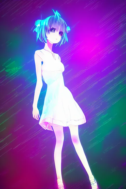 Prompt: full body shot of beautiful anime girl in white irridescent dress, glitch, chromatic - aberration in style of ross draws