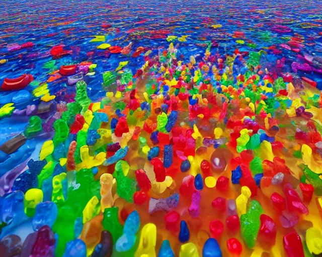 Image similar to a giant sculpture made out of thousands of tons of gummy bears in a human head shape, on the surface of the ocean, in the style of chad knight, long shot, hyper detailed, hyper realistic, ray tracing, 8 k resolution, sharp focus, realistic water, award winning sculpture