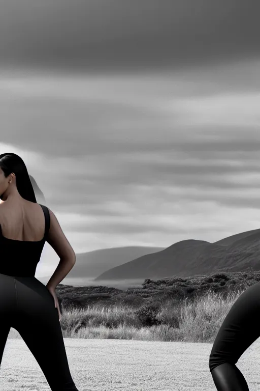 Image similar to johnny cash hugging kim kardashian, centered full body rear-shot, pov from rear, kim wearing skintight grey sportswear, real photo, photoshooting, studio light, Irish mountains background, intricate, epic lighting, cinematic composition, hyper realistic, 8k resolution, unreal engine 5