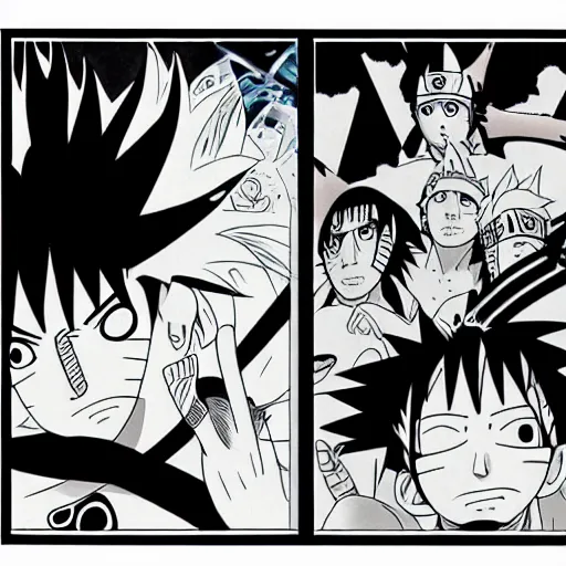 Image similar to Sasuke and Frank Zappa vs Naruto manga panel award winning black and white art by Frank Zappa and Kishimoto highly detailed pen and ink matte painting