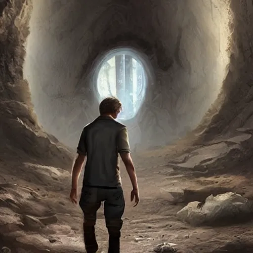 Image similar to a man walking into the portal, concept art, illustration, highly detailed, artwork, cinematic, hyper realistic, art station