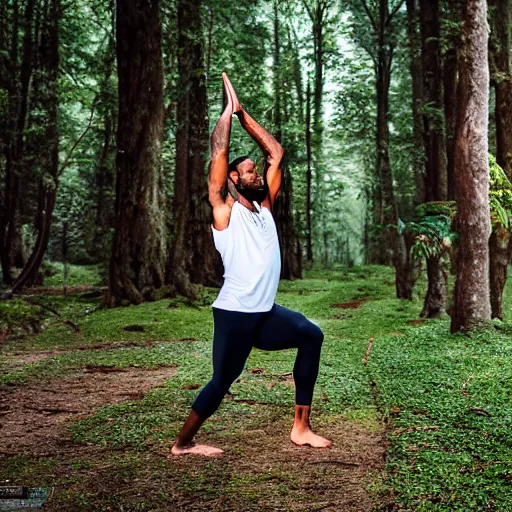 Image similar to lebron james doing yoga in the forest, ( eos 5 ds r, iso 1 0 0, f / 8, 1 / 1 2 5, 8 4 mm, postprocessed, crisp face, facial features )