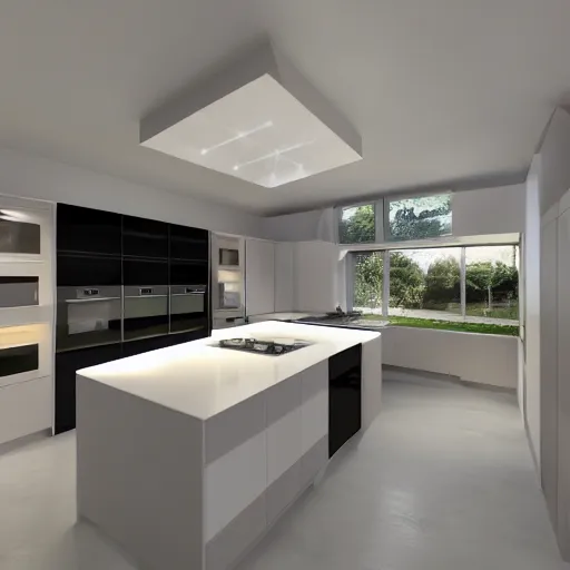 Prompt: modern kitchen with rgb led strip lighting, homes and gardens, wren kithens, super detailed render, award winning,