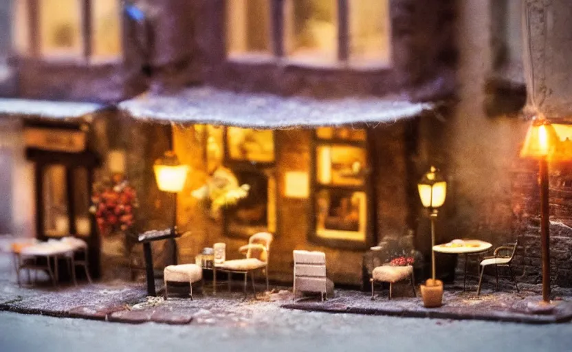 Image similar to mini cafe diorama macro photography, cafe for felted animals, alleyway, ambient, atmospheric photograph, string lights, romantic