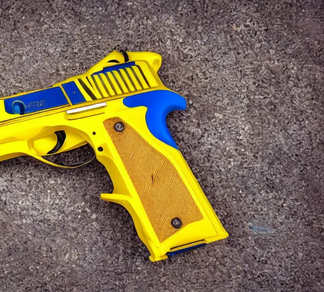 Image similar to a 4 k photorealistic photo full shot of a yellow and blue gun.