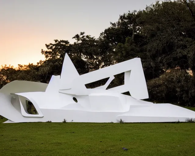 Prompt: photo of white minimalist abstract cubist sculpture of curvy spaceship with random small mecha mayan decorations, covered with few large white airplane parts with windows and doors, used as a house, gigantic size, sunset lighting