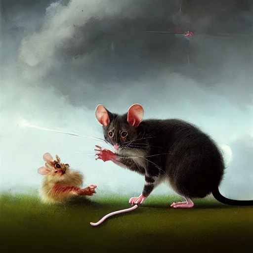 Image similar to hybrid of mouse and cat and rat, half cat - half mouse, digital art fantasy art, art by george stubbs, jakub rozalski, anton fadeev, james gurney