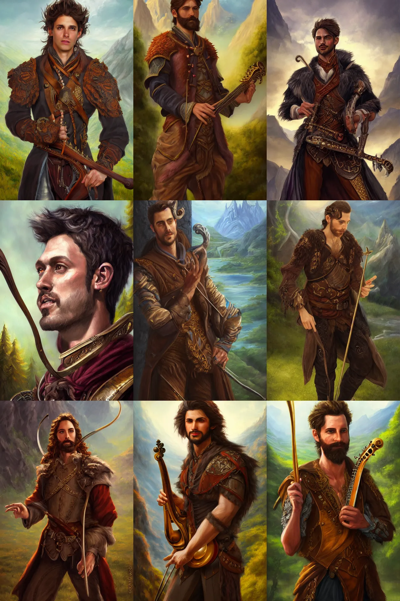 Prompt: a full body high detail fantasy portrait oil painting illustration of a single handsome male bard by justin sweet with face and body clearly visible, in a scenic background, intense eyes, realistic proportions, d & d, rpg, forgotten realms, artstation trending, high quality, sombre mood, artstation trending, muted colours, entire person visible!