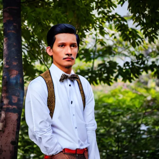 Image similar to outdoor portrait of jose rizal as a handsome young man in 2 0 2 2, 3 0 years old wearing stylish modern clothes, photo taken in 2 0 2 0, 3 5 mm f 1. 4 digital photo, matte colors