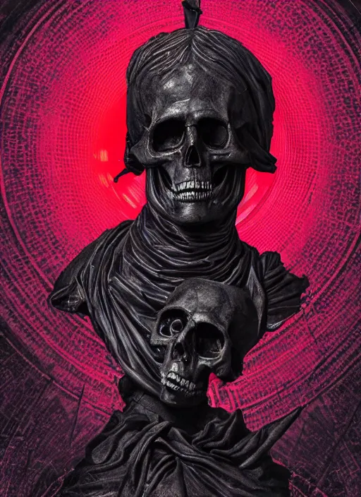 Prompt: dark design poster showing a close up of a heroic greco roman statue with skull, black background with very subtle red and purple design elements, powerful, nekro, vito acconci, thin straight lines, dark, glitch art, neo vaporwave, gritty, layout frame, square, trending on artstation