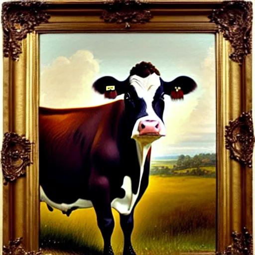 Prompt: a head - and - shoulders portrait of a cow wearing a flower dress looking off camera, an american romanticism painting, a portrait painting, cgsociety, soft focus, oil on canvas