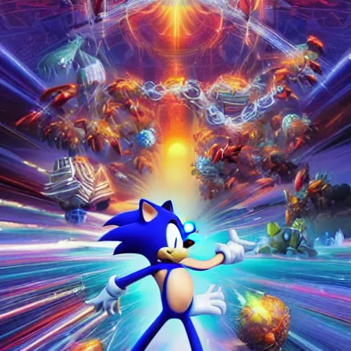 Image similar to the second coming of sonic the hedgehog by dan mumford, yusuke murata, makoto shinkai, ross tran, cosmic, heavenly, god rays, intricate detail, cinematic, 8 k, cel shaded, unreal engine, featured on artstation, pixiv