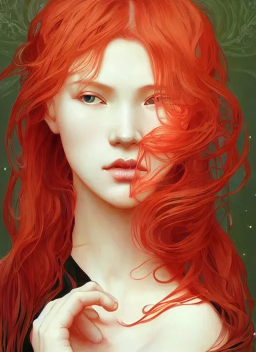 Prompt: colourful upper half portrait of a beautiful red - hair girl - art by tenmyouya hisashi, hsiao - ron cheng & alphonse mucha, highly detailed, digital painting, illustration, smooth, sharp focus, intricate, symmetry, pinterest, behance, artstation