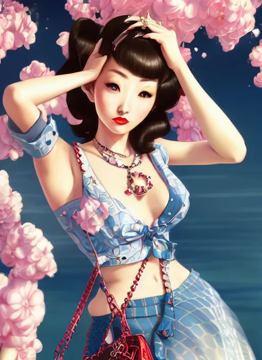 Image similar to a pin up and beautiful fashion dreamlke japan girl with lv jewelry, character art, art by artgerm, wlop, loish, hyperdetailed, 8 k realistic, symmetrical, global illumination, radiant light, frostbite 3 engine, cryengine, dof, trending on artstation, digital art, chanel, dior, detailed background