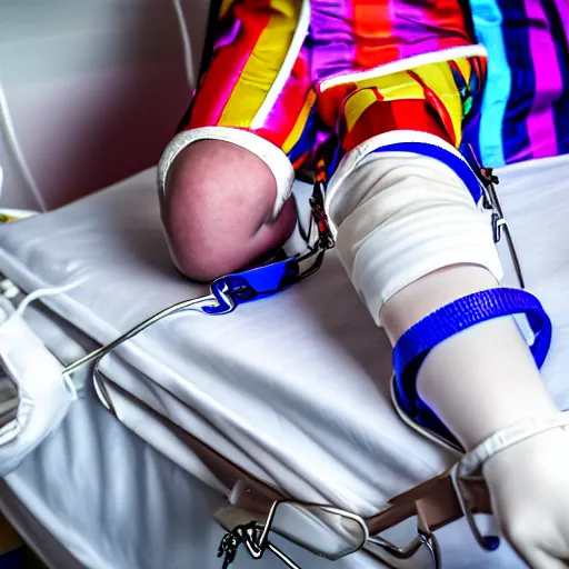 Image similar to crazy clown strapped in hospital bed with wrist restraints on, restraints have fabric straps attached to hospital bed, photograph, 8 k